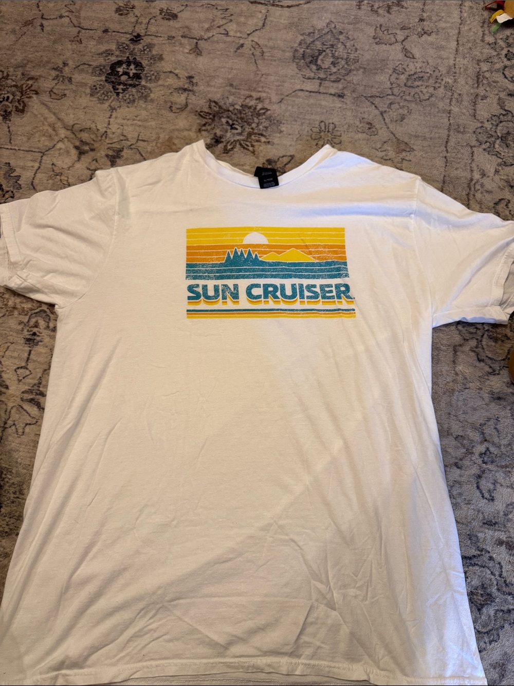 Sun Cruiser Graphic Tee - White with Yellow & Teal Print